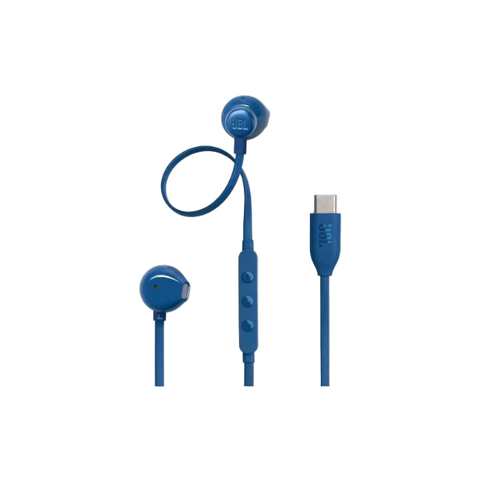 Blue JBL earbuds with cable on a white background