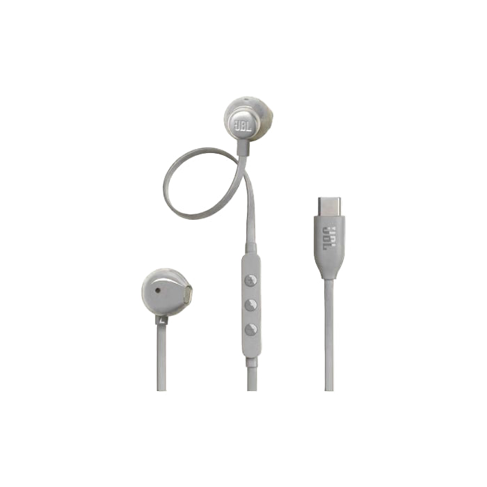 Gray earbud headphones with JBL logo on a white background
