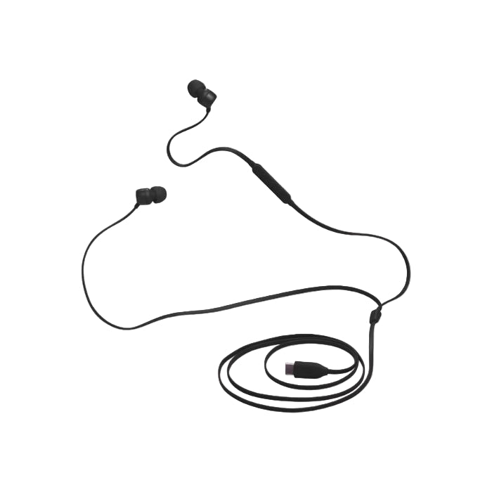 Black earbud with cable on a white background