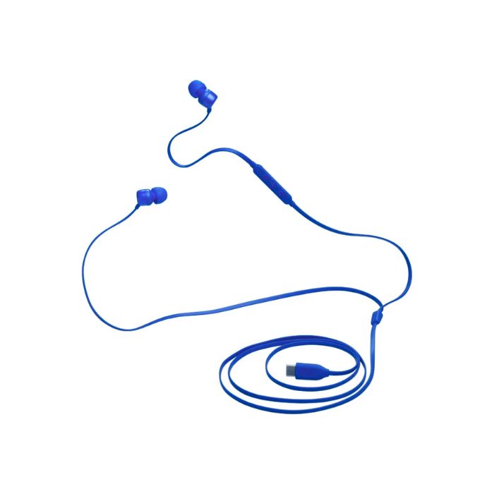 Blue earbuds with a USB cable on a white background