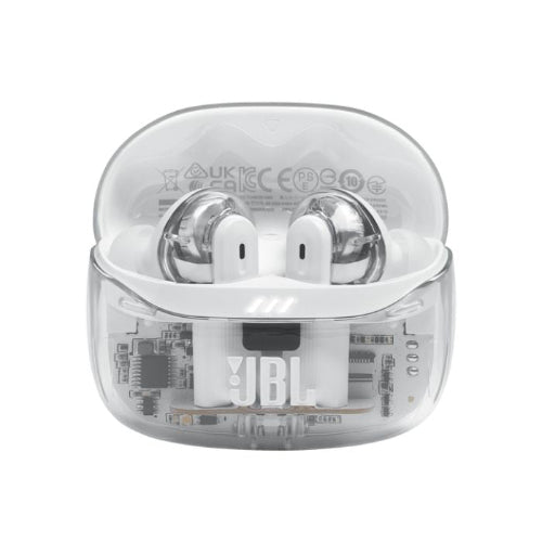 Clear JBL wireless earbuds case with earbuds inside on a white background