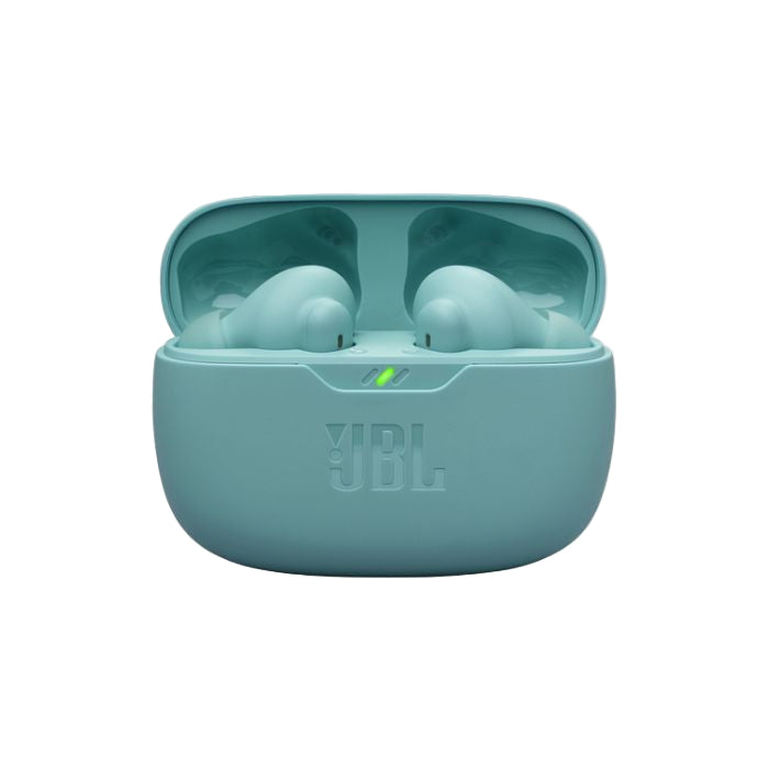 Teal JBL wireless earbuds in a charging case on a white background