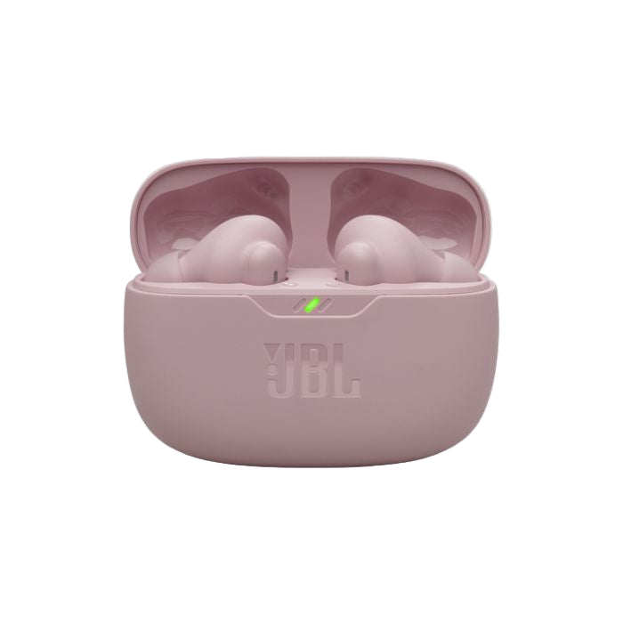Pink JBL wireless earbuds in charging case on a white background