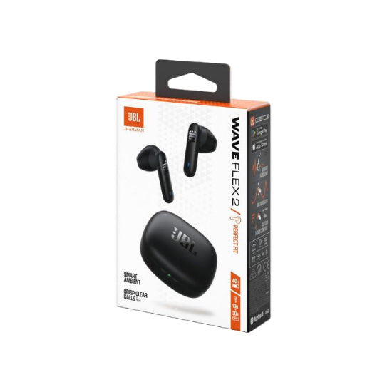 JBL Wave Flex 2 wireless earbuds packaging on a white background