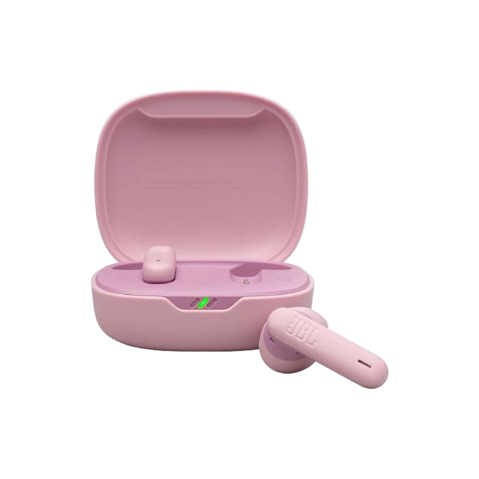 Pink wireless earbuds with charging case on a white background