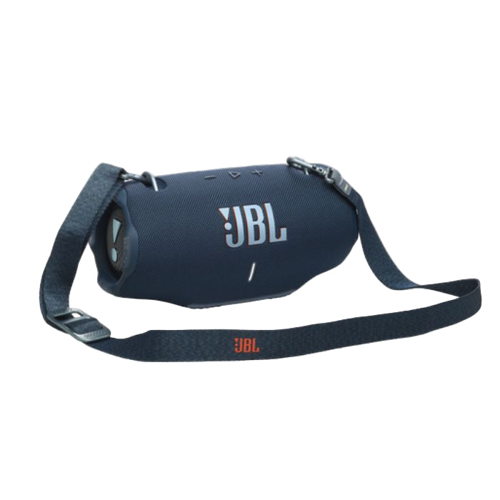 Navy blue JBL speaker with a strap on a white background