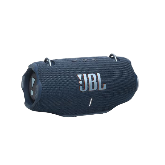 Blue JBL portable speaker on a white background