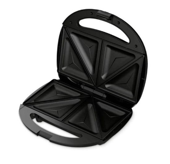 Black sandwich toaster with geometric design on a white background