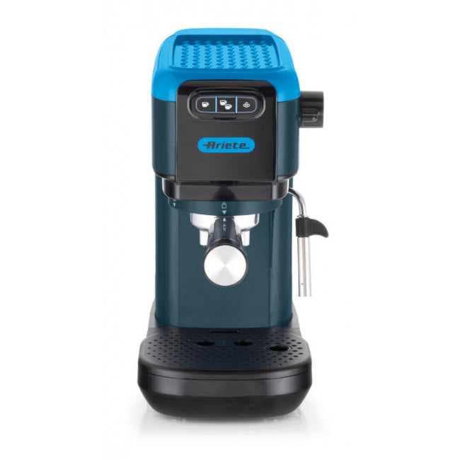 Blue espresso machine with Ariete branding on a white background