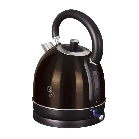 Black electric kettle with a brand logo on a white background