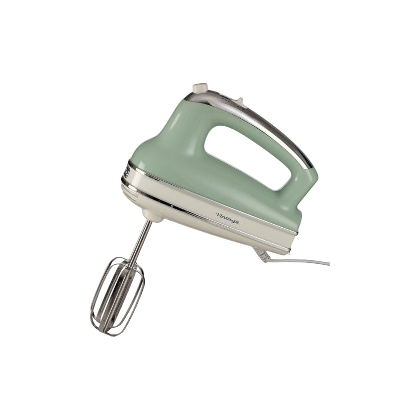 Mint green hand mixer on a white background