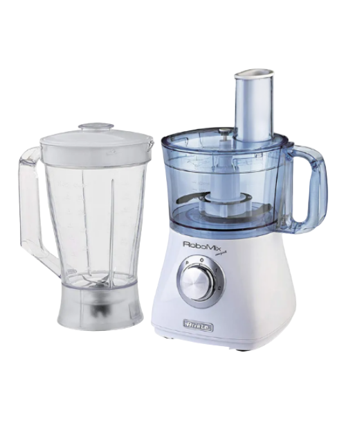White blender with clear pitcher and food processor attachment on a white background