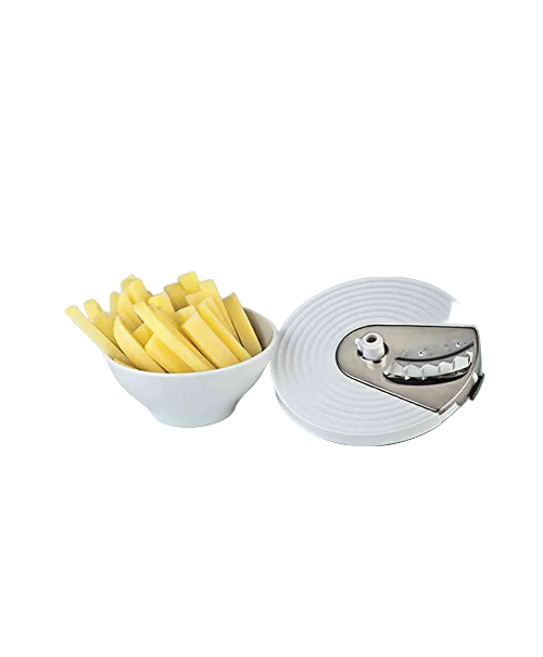 Bowl of french fries next to a small electronic device on a light gray background