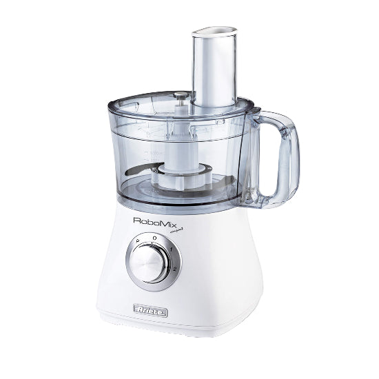White food processor with clear container on a white background