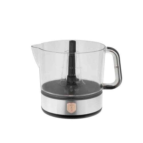 Clear pitcher with black base and handle on a white background