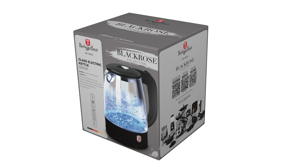 غلاية زجاجية كهربائية Berlinger Haus بسعة 1.7 لتر، قدرة 2200 واط، لون بلاك روز