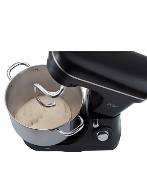 Black stand mixer with a bowl containing dough on a white background