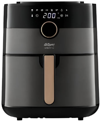 Black air fryer with digital display on a white background
