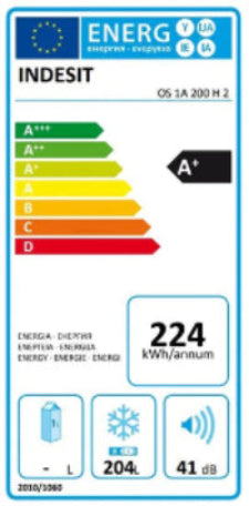 Energy efficiency label for a refrigerator with various icons and numbers.