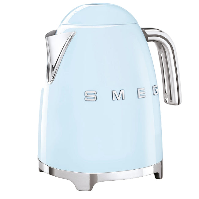 Light blue kettle with silver accents on a white background