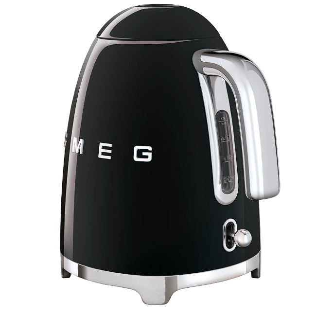 Black Smeg kettle with chrome accents on a white background