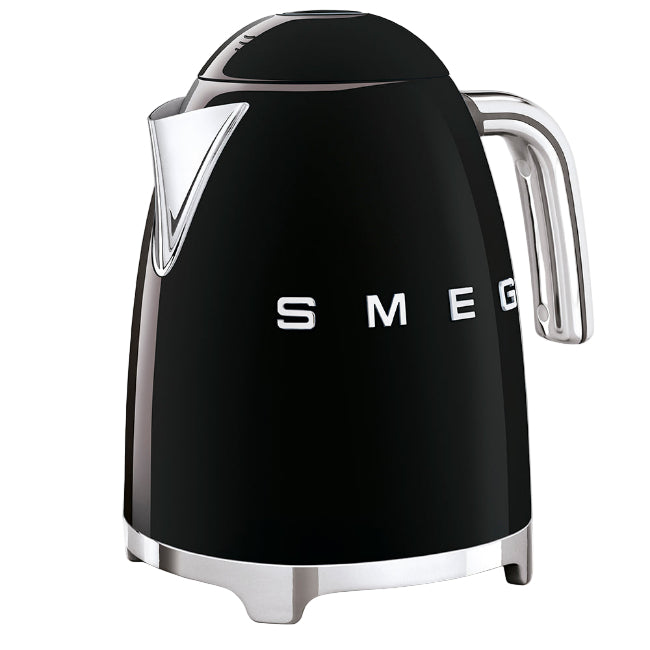 Black Smeg electric kettle with chrome accents on a white background