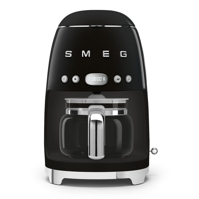 Black Smeg coffee machine on a white background