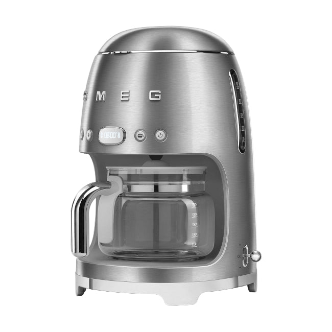 Silver coffee machine with glass carafe on a white background