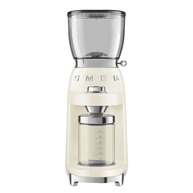 Cream-colored coffee grinder with 'Smeg' branding on a white background