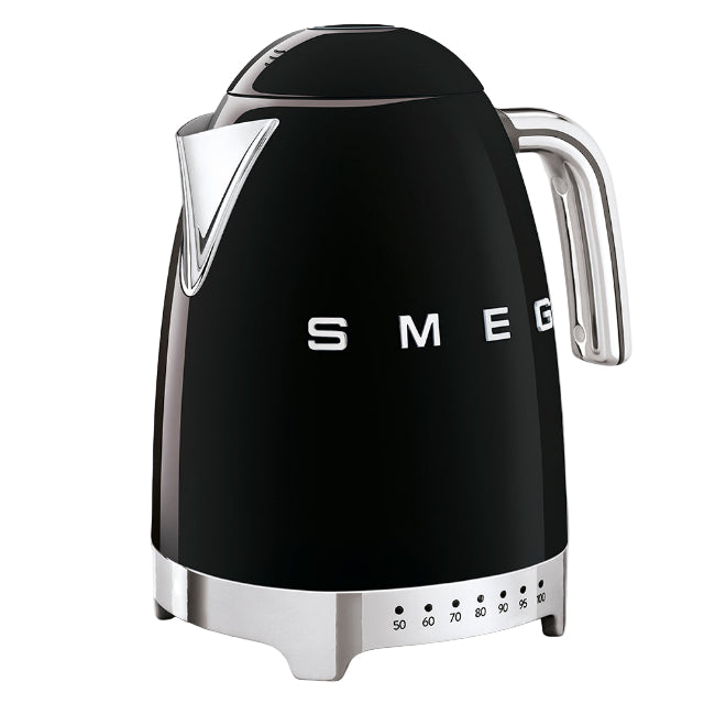 Black Smeg kettle with silver accents on a white background