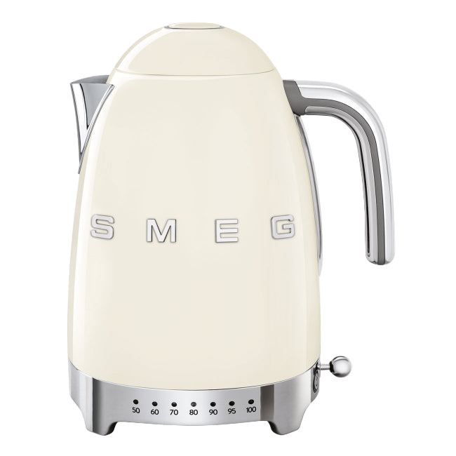 Cream-colored kettle with 'Smeg' branding on a white background