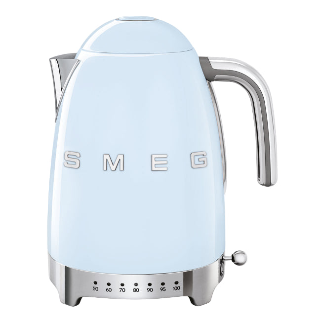 Light blue kettle with silver accents on a white background