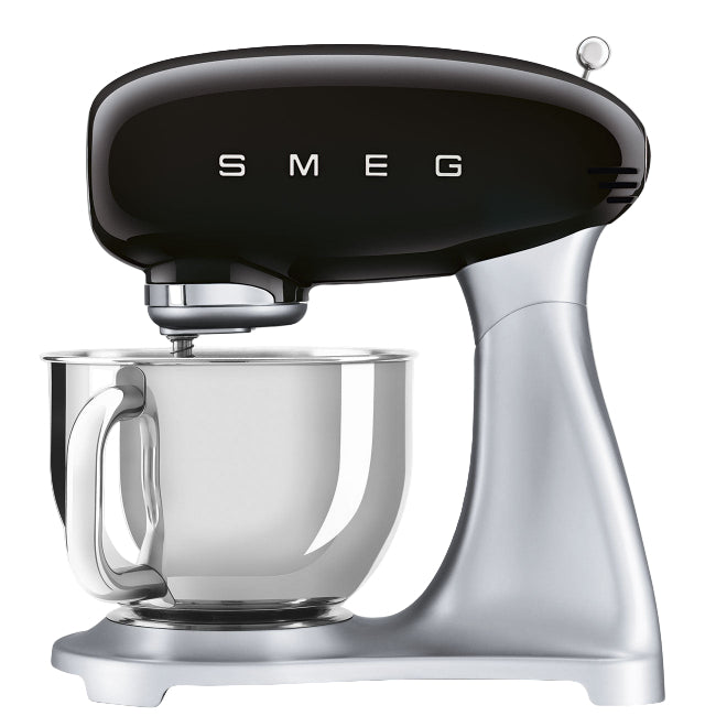 Smeg stand mixer with black lid and silver base on a white background