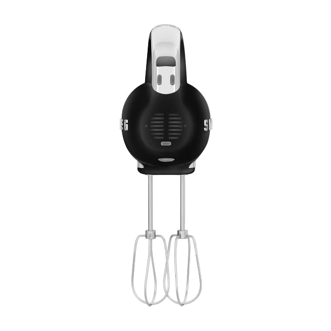 Black hand mixer with attachments on a white background