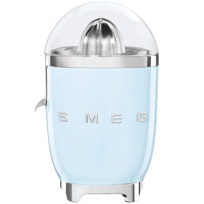 Light blue citrus juicer with silver top on a white background