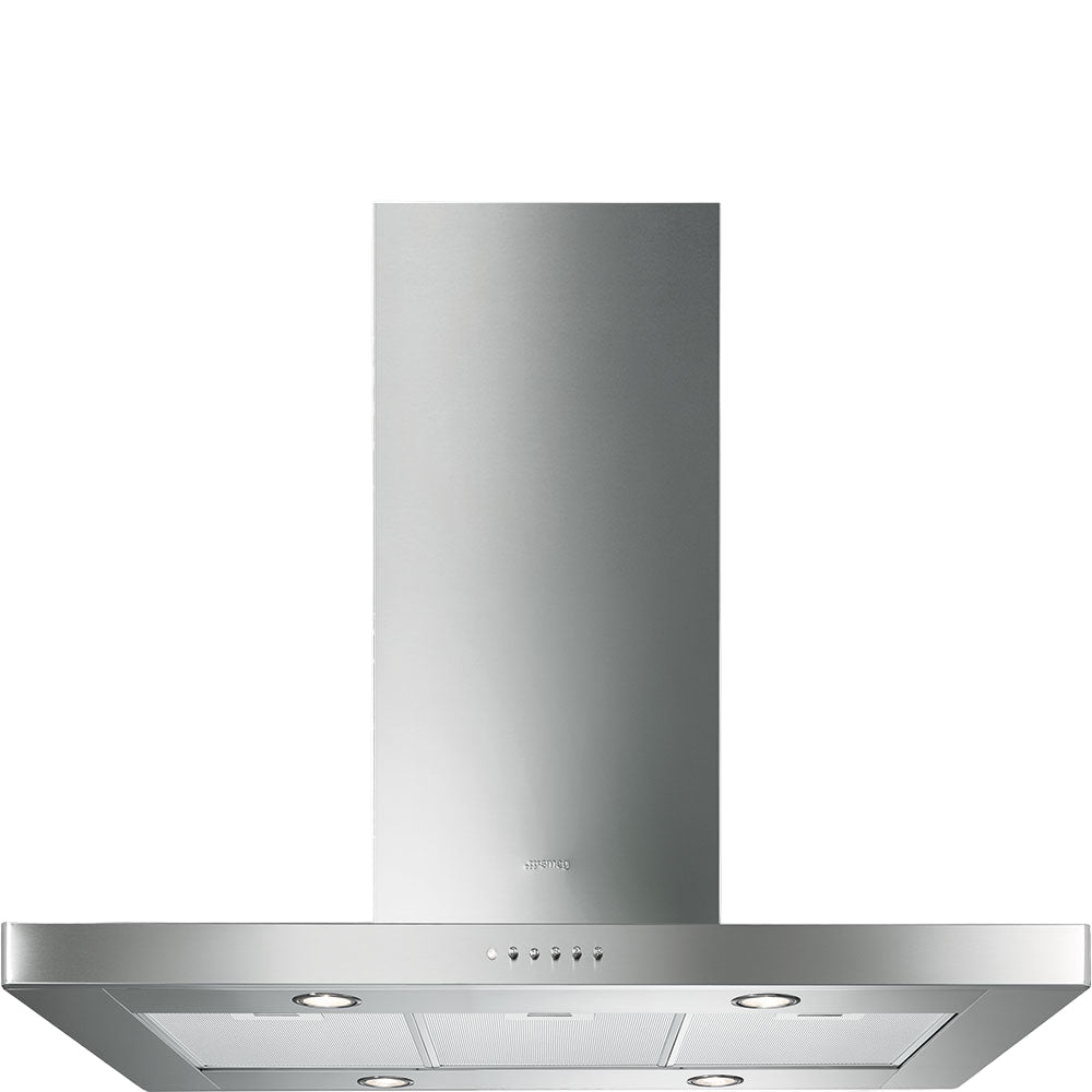 Stainless steel kitchen hood on a white background