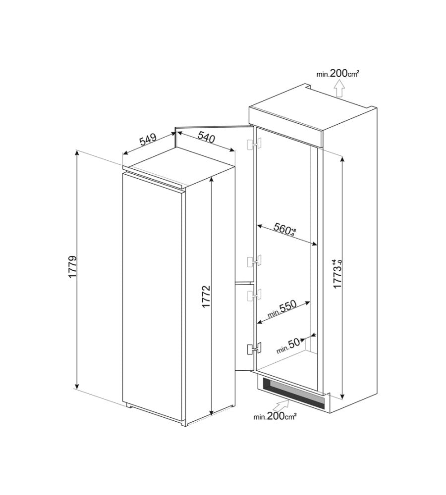 SMEG Built in Fridge, Upright Freezer, 311Lit, White