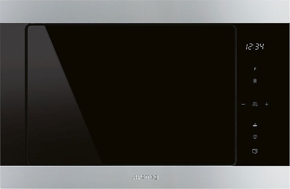 Stainless steel microwave oven with digital display and control panel.