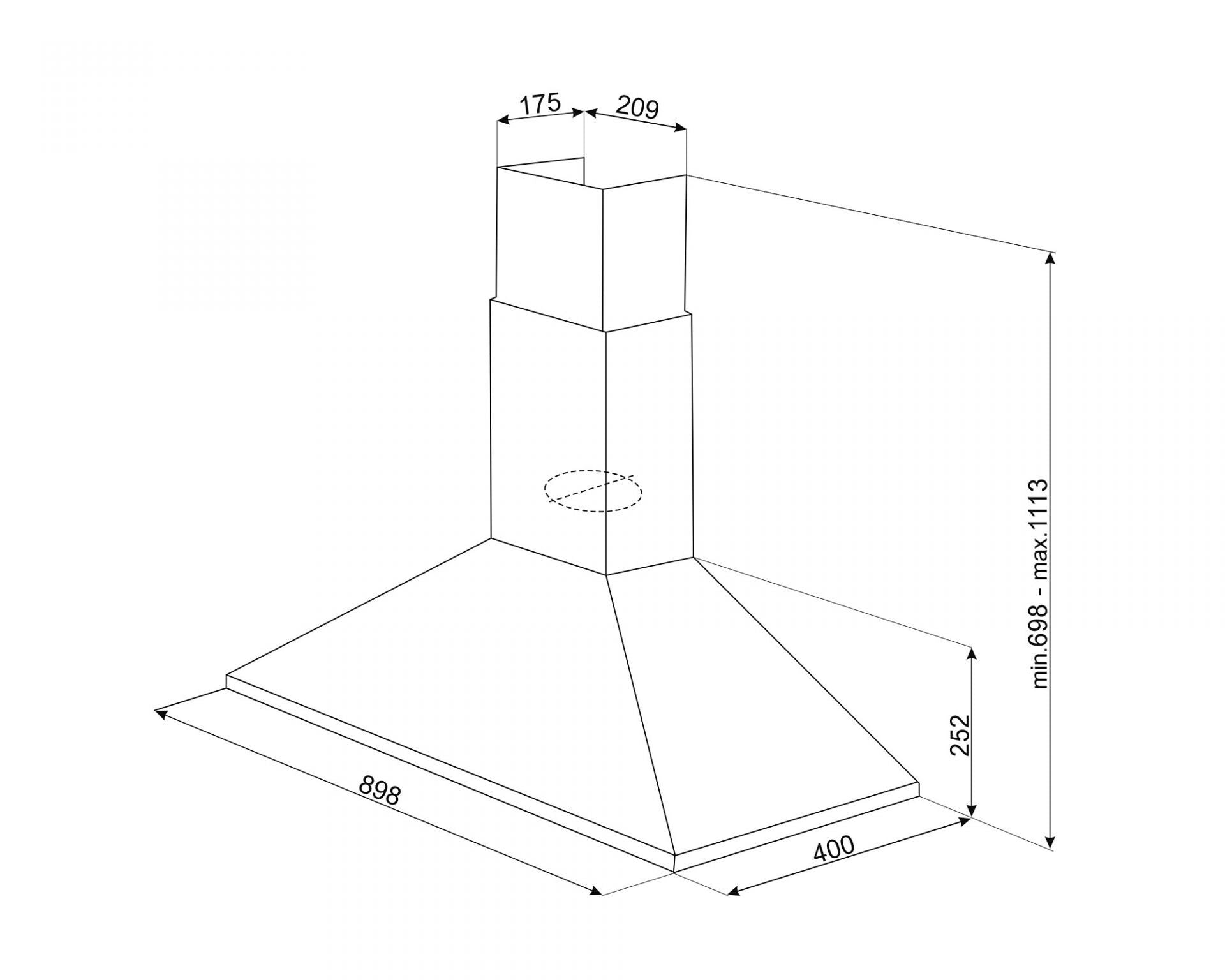 Technical drawing of a kitchen hood with dimensions on a white background