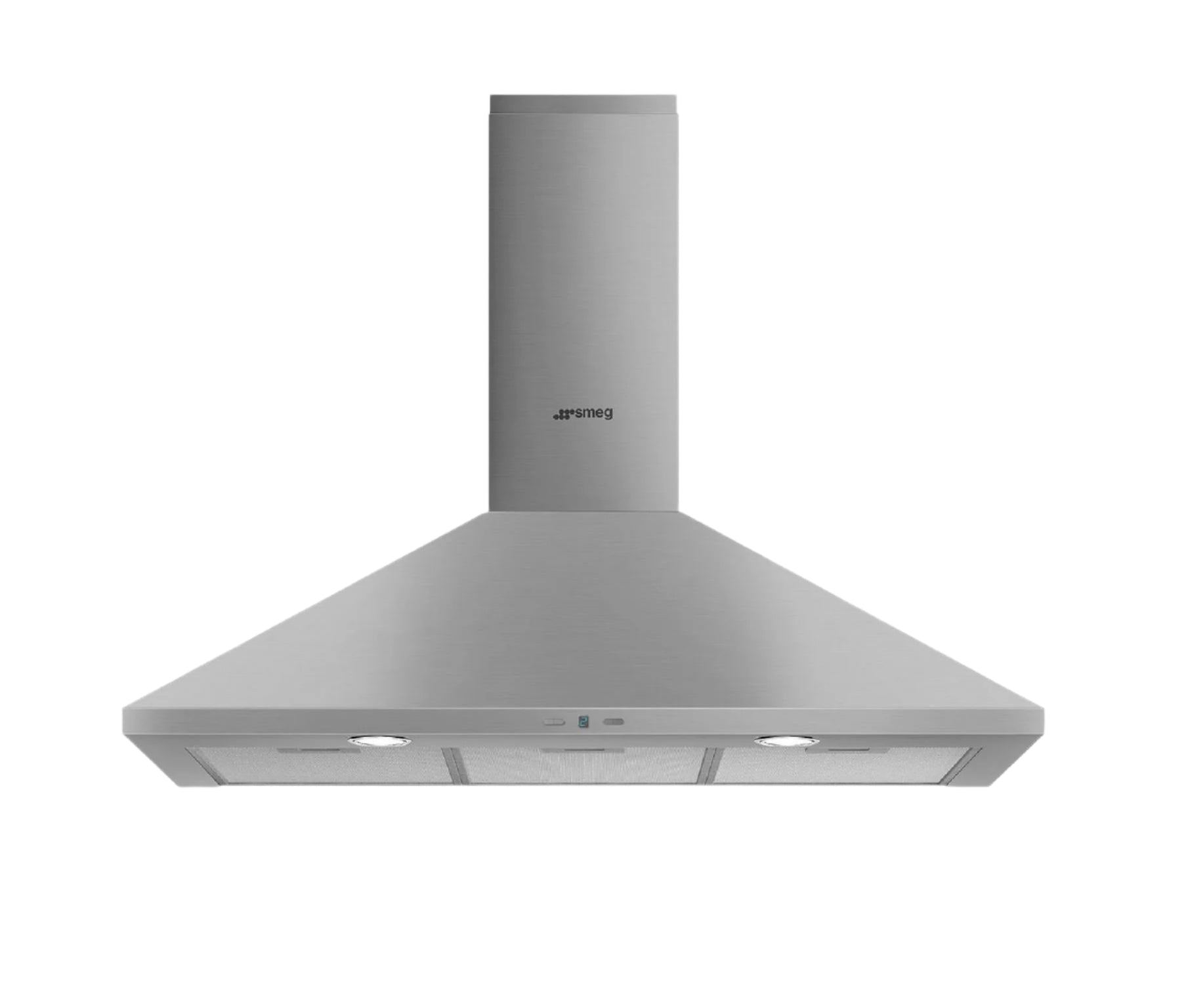 Stainless steel range hood on a white background