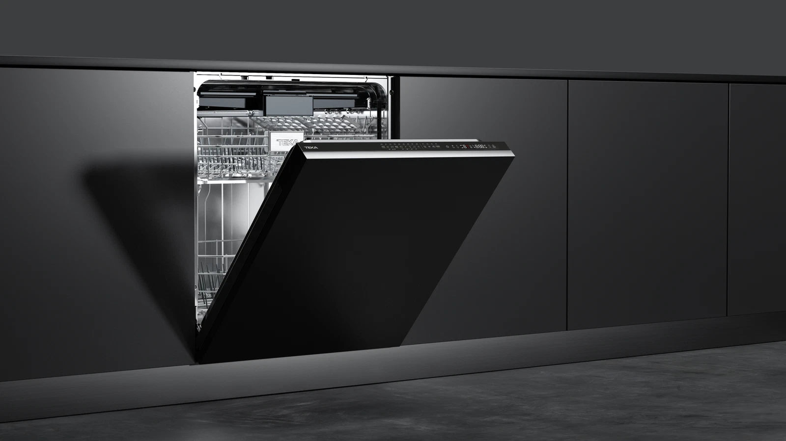 Modern kitchen with a built-in dishwasher in a dark-toned interior.