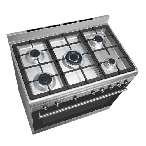 Stainless steel gas stove with four burners on a dark gray background