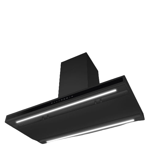 Black kitchen hood with LED lights on a dark background