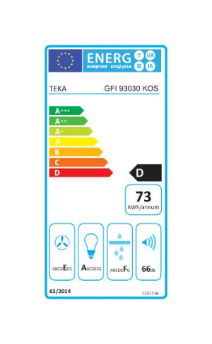 Energy efficiency label for a TEKA product with color-coded rating and various icons.