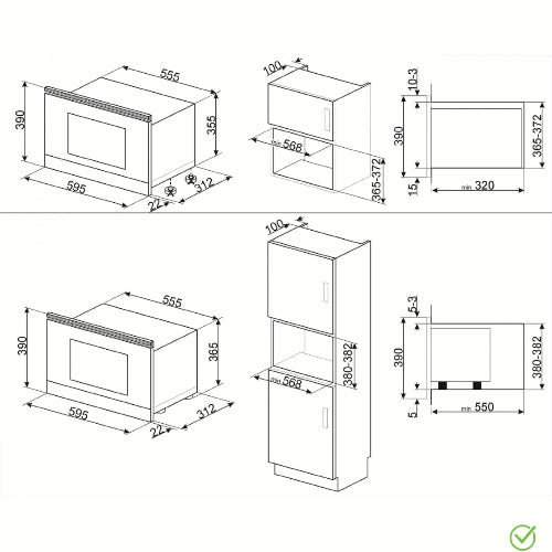 Technical drawings of furniture pieces with dimensions on a white background