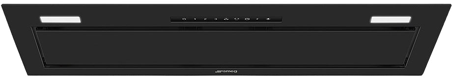 Black range hood with control panel on a white background