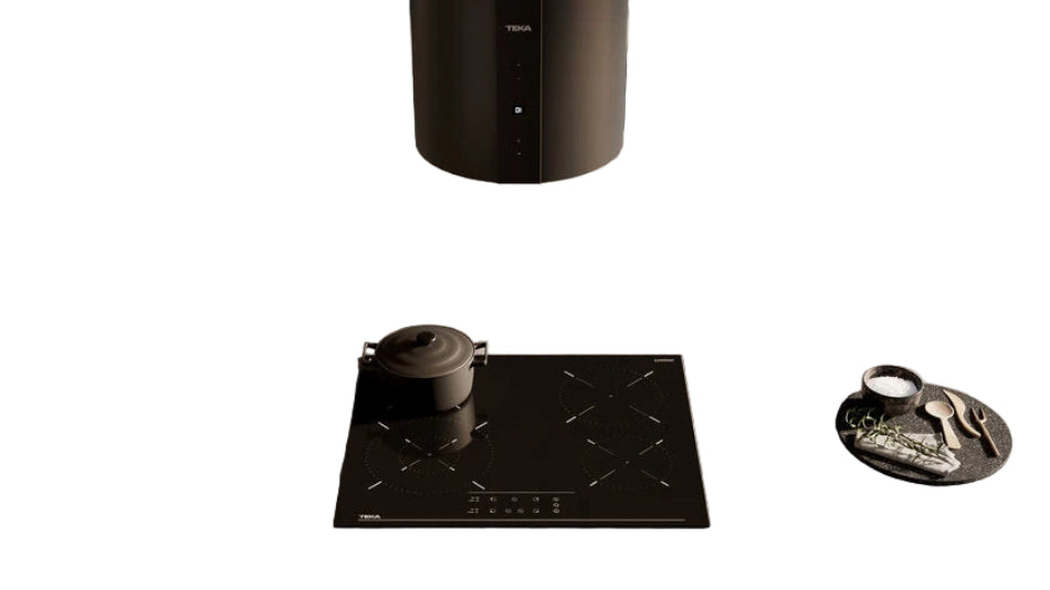 Modern kitchen setup with a stove and coffee maker on a wooden surface.