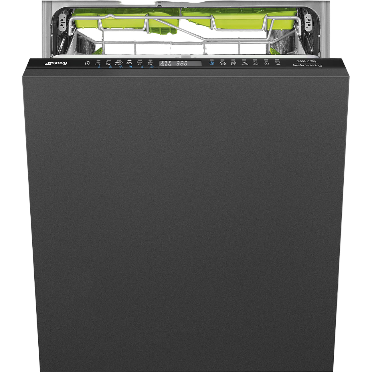 Black dishwasher with open door showing interior racks on a white background