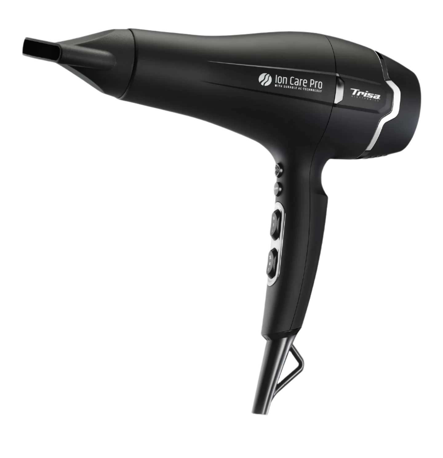 Black hair dryer with 'Trisa' branding on a white background