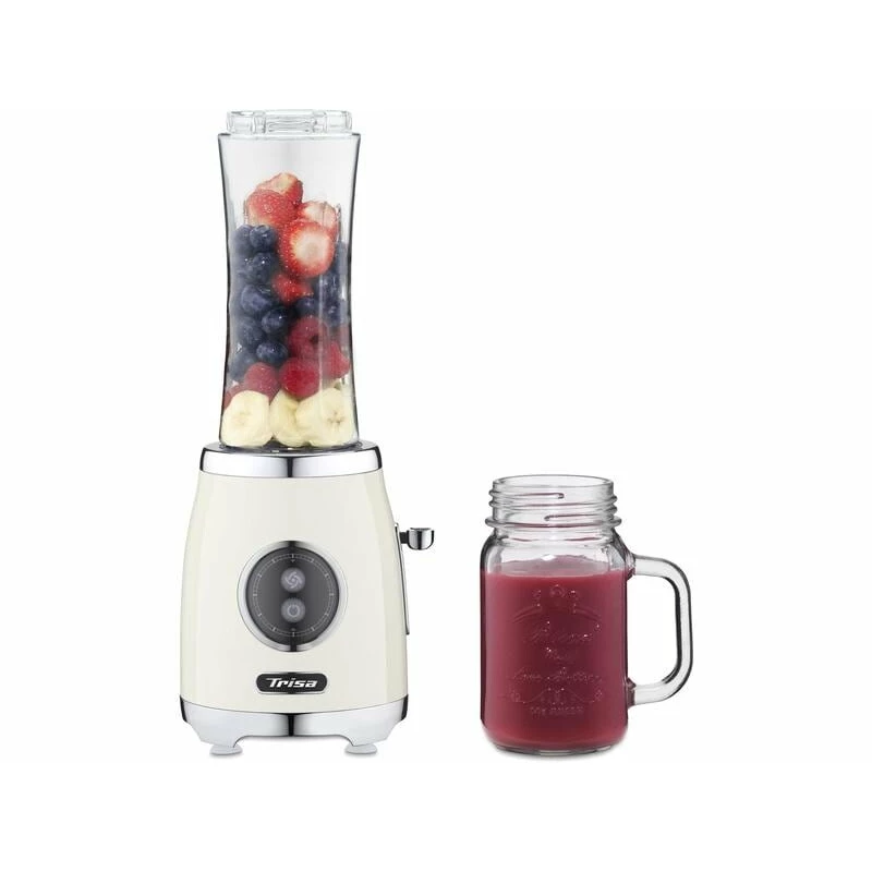Blender with fruits and a glass of smoothie on a white background